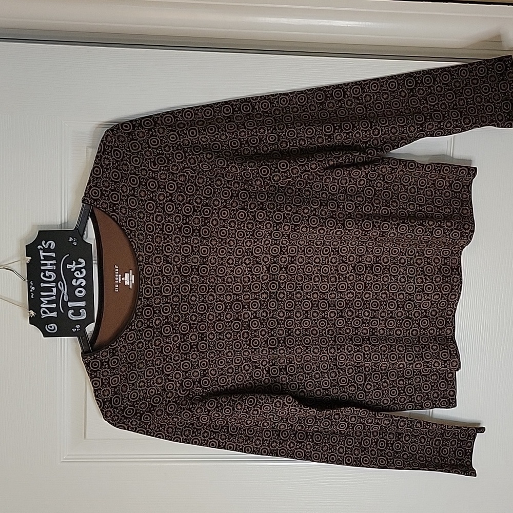 Kim Rogers Petite Large Shirt Brown Tan Long Sleeve